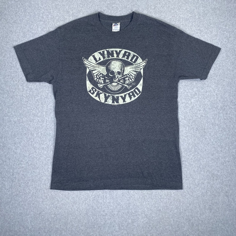 Vintag Lynyrd Skynyrd Shirt Graphic T Mens L Grey Skull Wings Rock Band Tee AAA